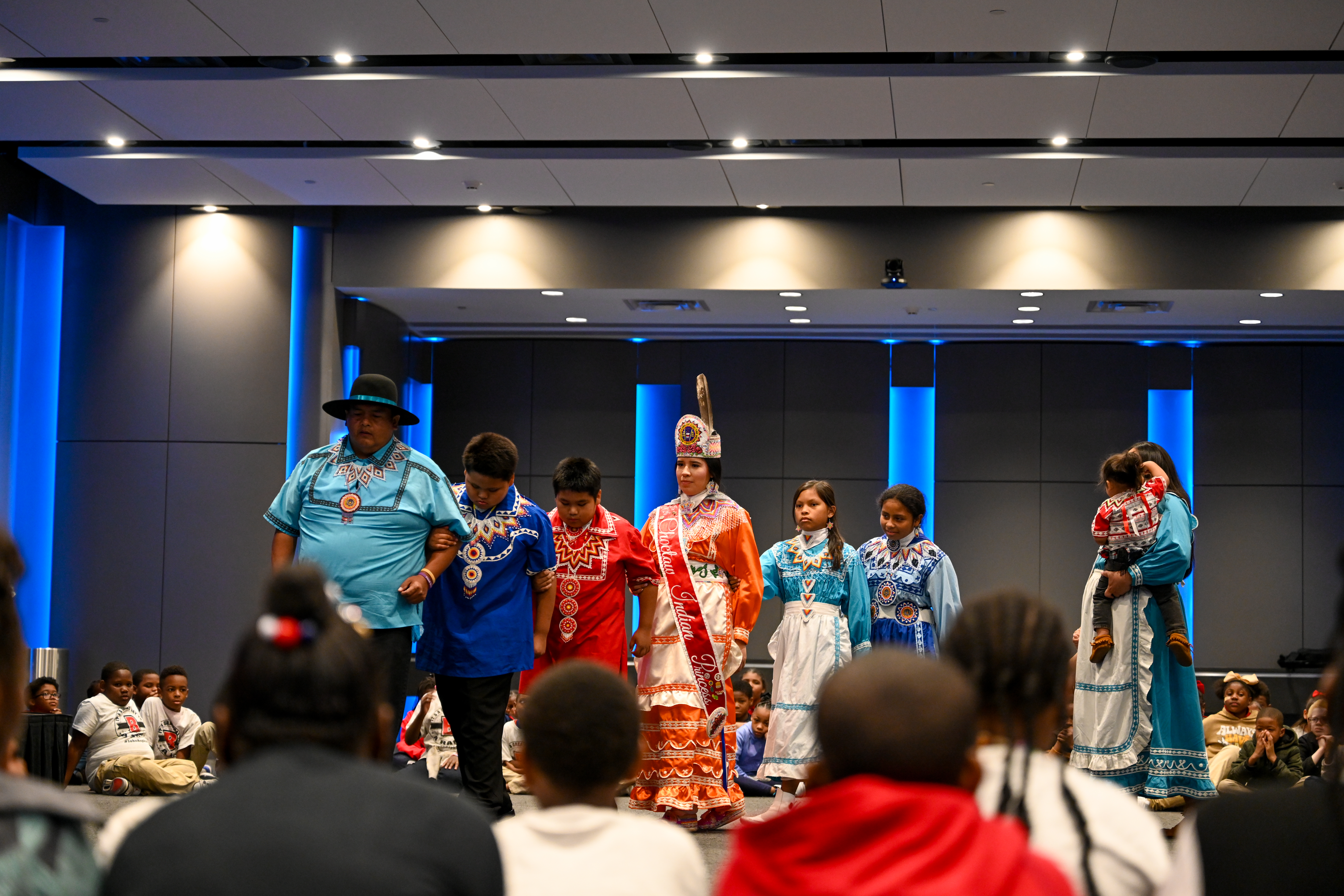 The Mystic Wind Choctaw Social Dancers perform for students.